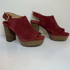 Michael Kors Piper Suede Platform Slingback Heels Red Peep Toe Size 7